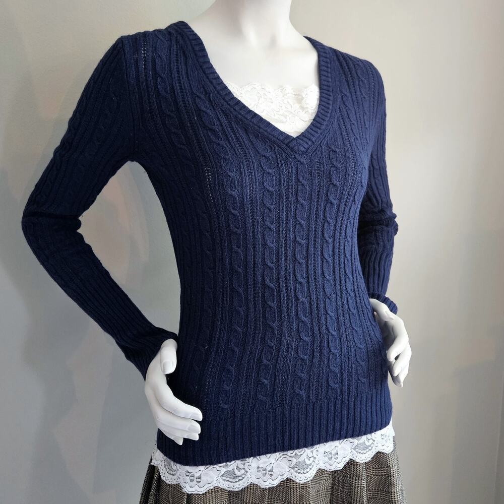 Vintage American Eagle Y2K Navy Blue Sweater Cable Knit V-Neck Preppy Size S